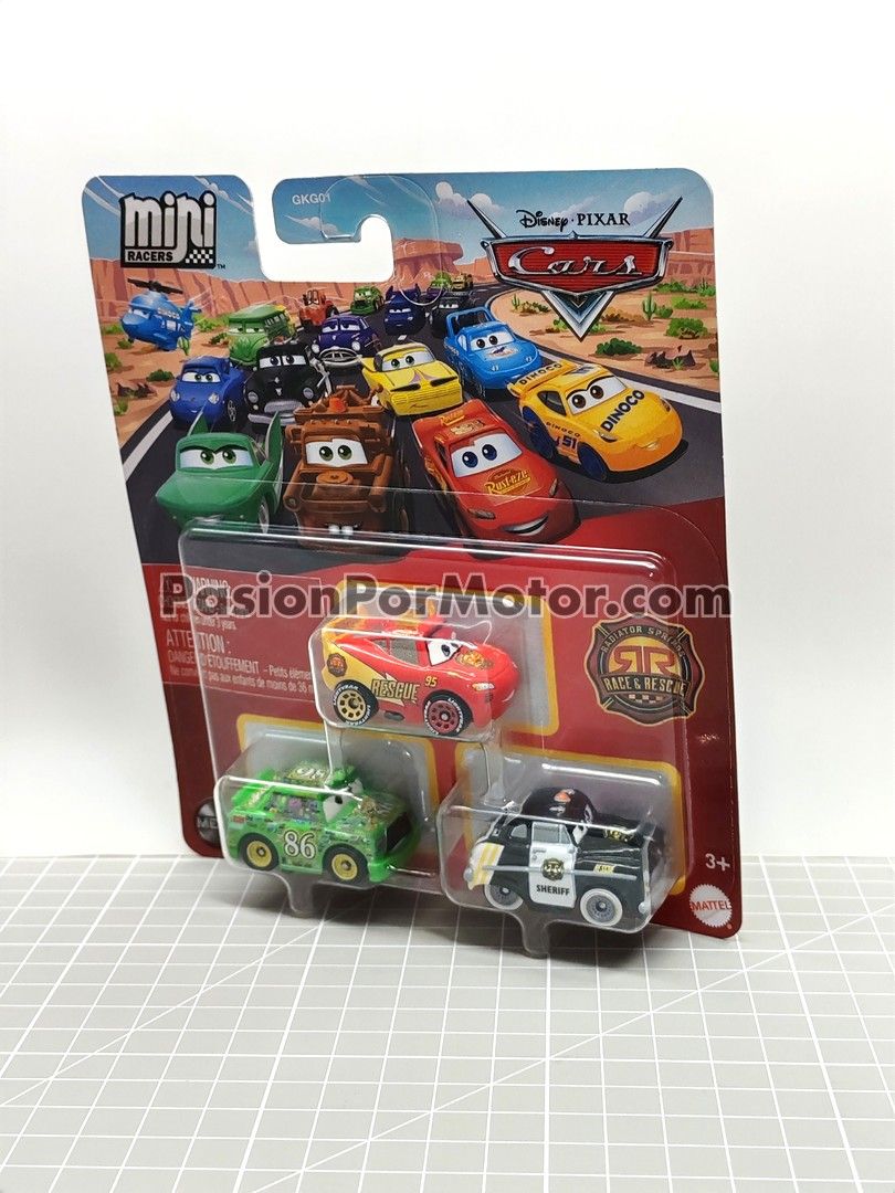 1.65 Pulgadas - Set 3 pz Rayo McQueen Rescue / Chick Hicks /  Sheriff - Cars Disney Pixar MATTEL Mini Racers 04729
