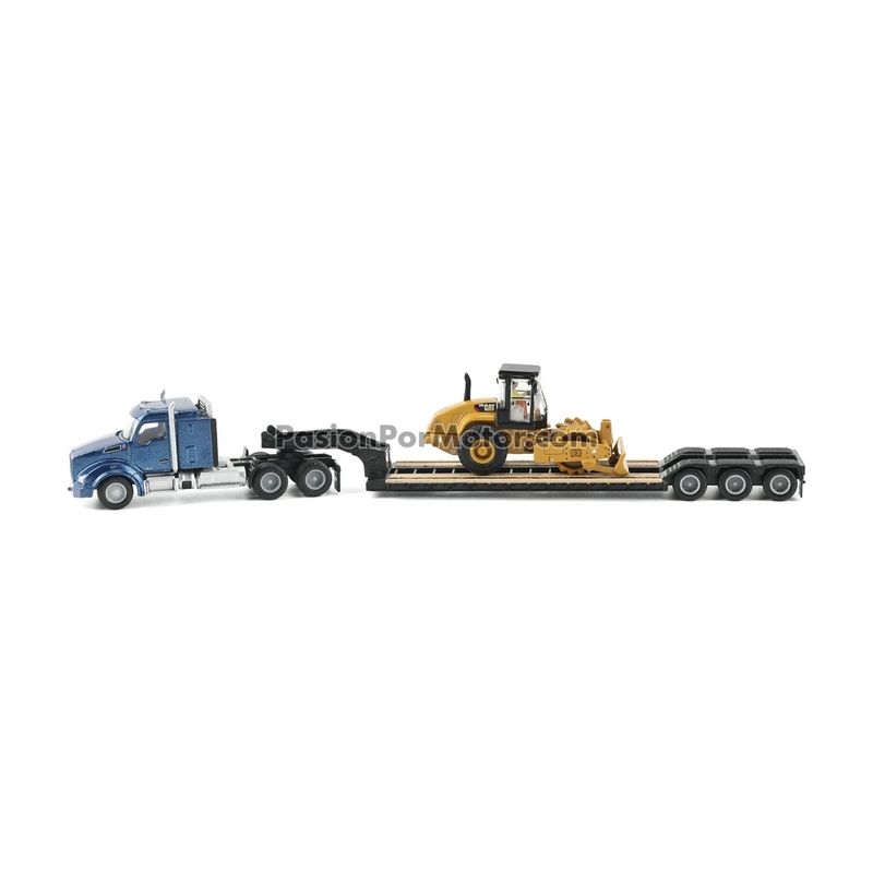 1:87 Kenworth T880 Day Cab Azul Con Trailer Lowboy y Cat Rodillo Vibrador DIE CAST MASTERS 04944