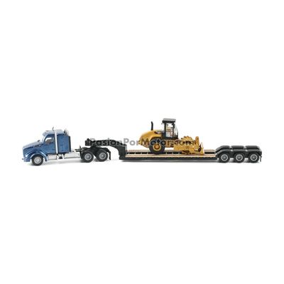 1:87 Kenworth T880 Day Cab Azul Con Trailer Lowboy y Cat Rodillo Vibrador DIE CAST MASTERS 04944