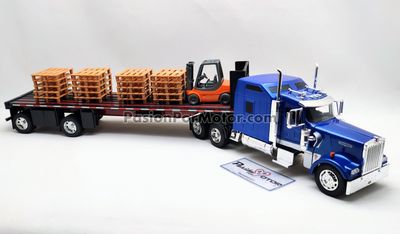 1:32 Kenworth W900 Aerocab 1995 Con Trailer Caja Plana, Tarimas y Montacarga NEW RAY 00553