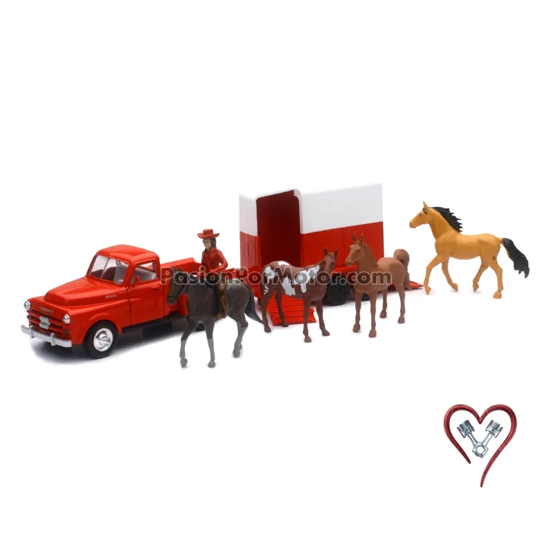 1:32 Dodge Pick Up 1952 Rojo Con Remolque Para Caballos y Figuras NEW RAY 00613