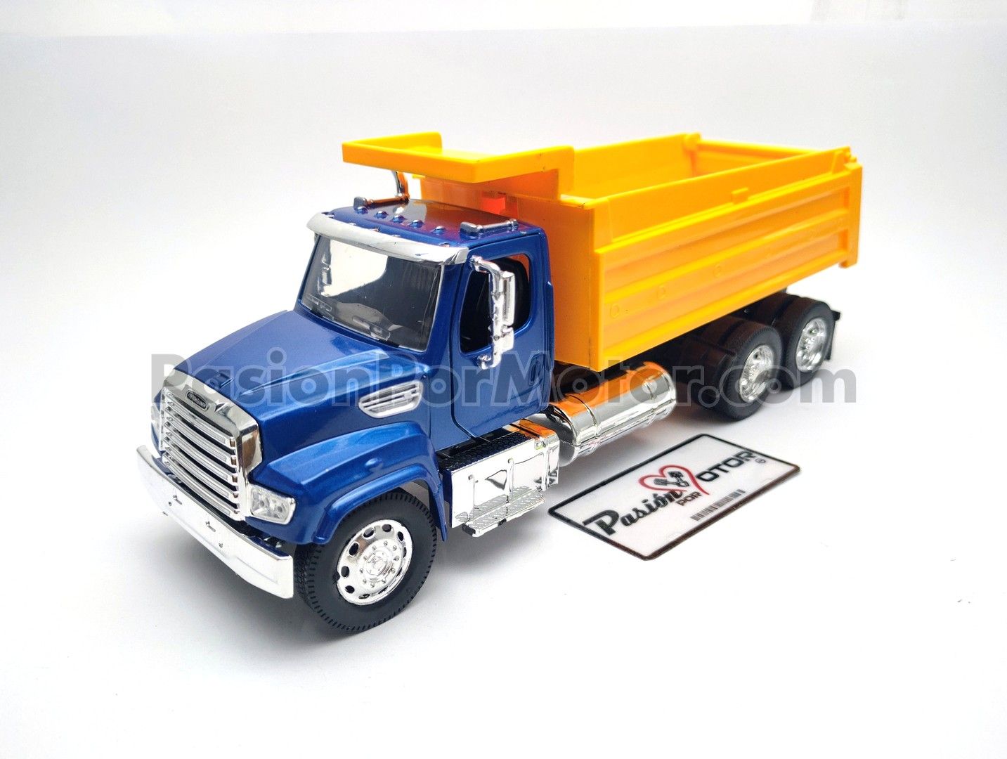 1:32 Freightliner 114SD 2011 Torton Gondola de Volteo Azul y amarillo NEW RAY Long Haul Trucker 02224