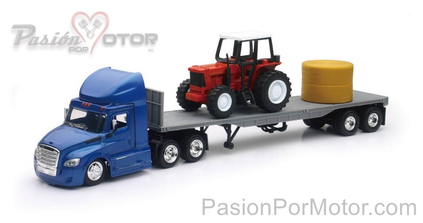 1:43 Freightliner Cascadia Day Cab 2018 Azul Con Trailer Remolque Plana con Tractor Agricola y Pacas NEW RAY 00062