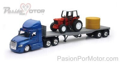 1:43 Freightliner Cascadia Day Cab 2018 Azul Con Trailer Remolque Plana con Tractor Agricola y Pacas NEW RAY 00062