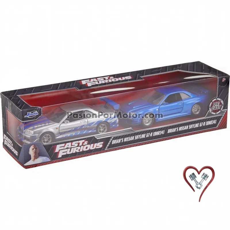 Set 2 Piezas / Twin Pack - 5 Pulgadas / 1:36 Nissan Skyline R34 2002 Plata F&amp;F2 + Skyline R34 2002 Azul F&amp;F4 Brian´s Rapido y Furioso JADA TOYS 1:32 03095