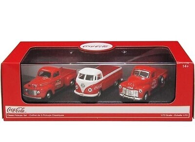 1:72 Set de 3 Vehículos - Volkswagen T1 Pick Up + Chevrolet 3100  Pick Up + Ford F1 Pick Up 1948 Coca Cola MOTOR CITY CLASSICS 03181