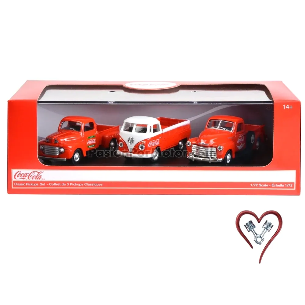 1:72 Set de 3 Vehículos - Volkswagen T1 Pick Up + Chevrolet 3100 Pick Up + Ford F1 Pick Up 1948 Coca Cola MOTOR CITY CLASSICS 03181 1:72 Set de 3 Vehículos - Volkswagen T1 Pick Up + Chevrolet 3100 Pick Up + Ford F1 Pick Up 1948 Coca Cola MOTOR CITY CLASSICS 03181