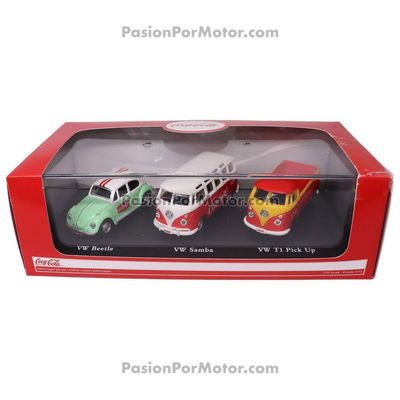 1:72 Set de 3 Vehículos - Volkswagen Coca Cola Beetle 1966, Samba 1962, T1 Pick Up 1962 MOTOR CITY CLASSICS 03243