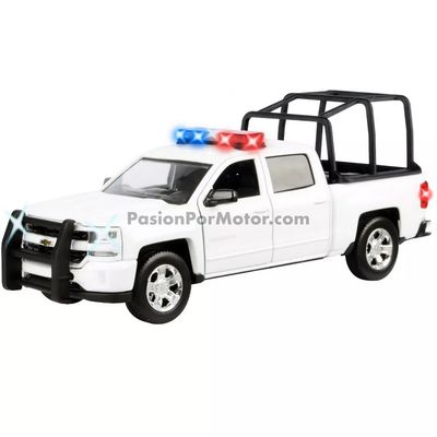 1:27 Chevrolet Silverado 1500 LT Z71 Crew Cab Pick Up 2017 Patrulla Con Jaula Blanco + Luz y Sonido MOTOR MAX 1:24 05022