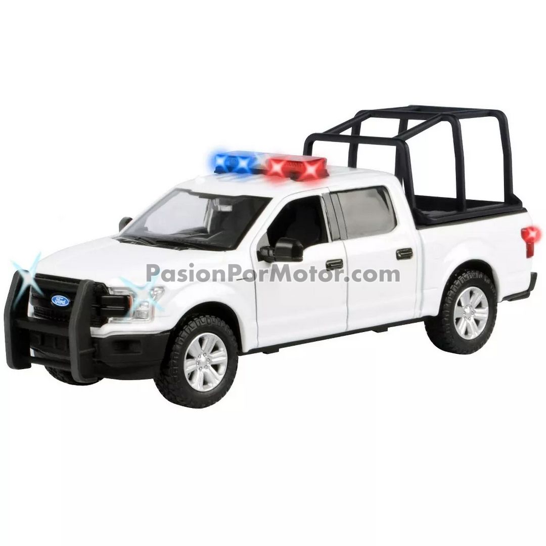 1:27 Ford F-150 Crew Cab Lariat 2019 Patrulla Con Jaula Blanco + Luz y Sonido MOTOR MAX 1:24 05023