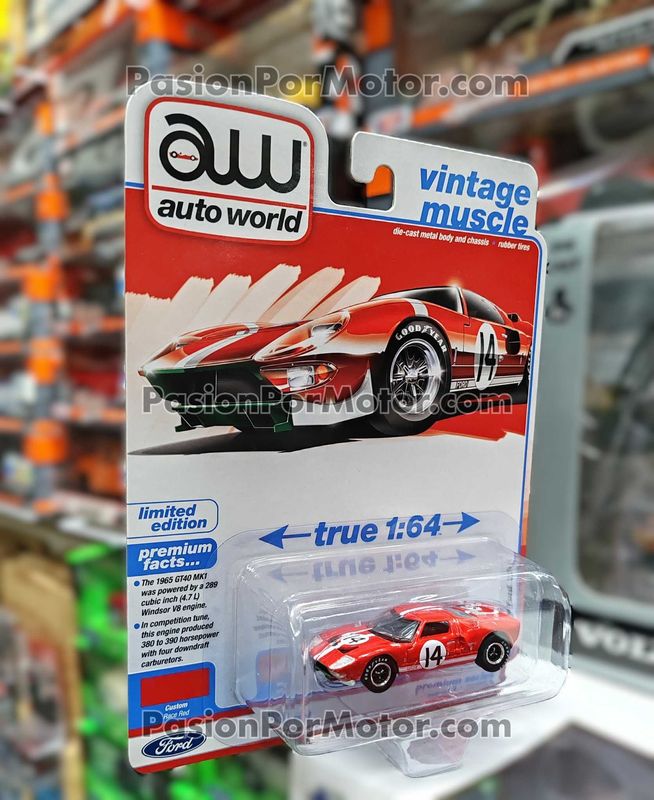 1:64 Ford GT40 MK1 1965 #14 Rojo Franja blanca AUTO WORLD Vintage Muscle 05209