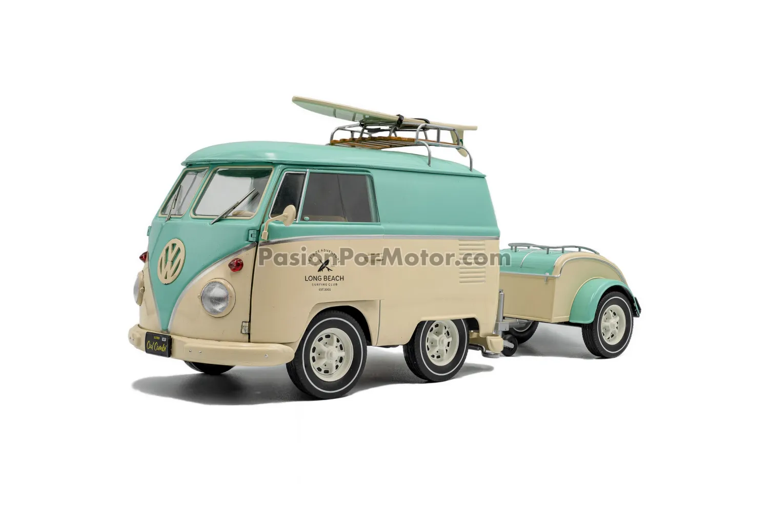 1:18 Volkswagen T1 1950 Kool Kombi Menta y Crema C Remolque, Canastilla y Tabla de Surf SOLIDO Combi 05251