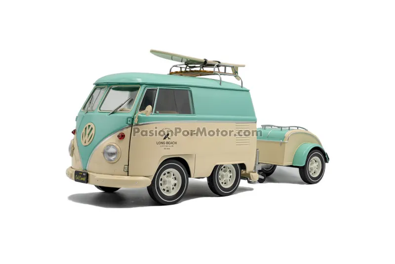 1:18 Volkswagen T1 1950 Kool Kombi Menta y Crema C Remolque, Canastilla y Tabla de Surf SOLIDO Combi 05251