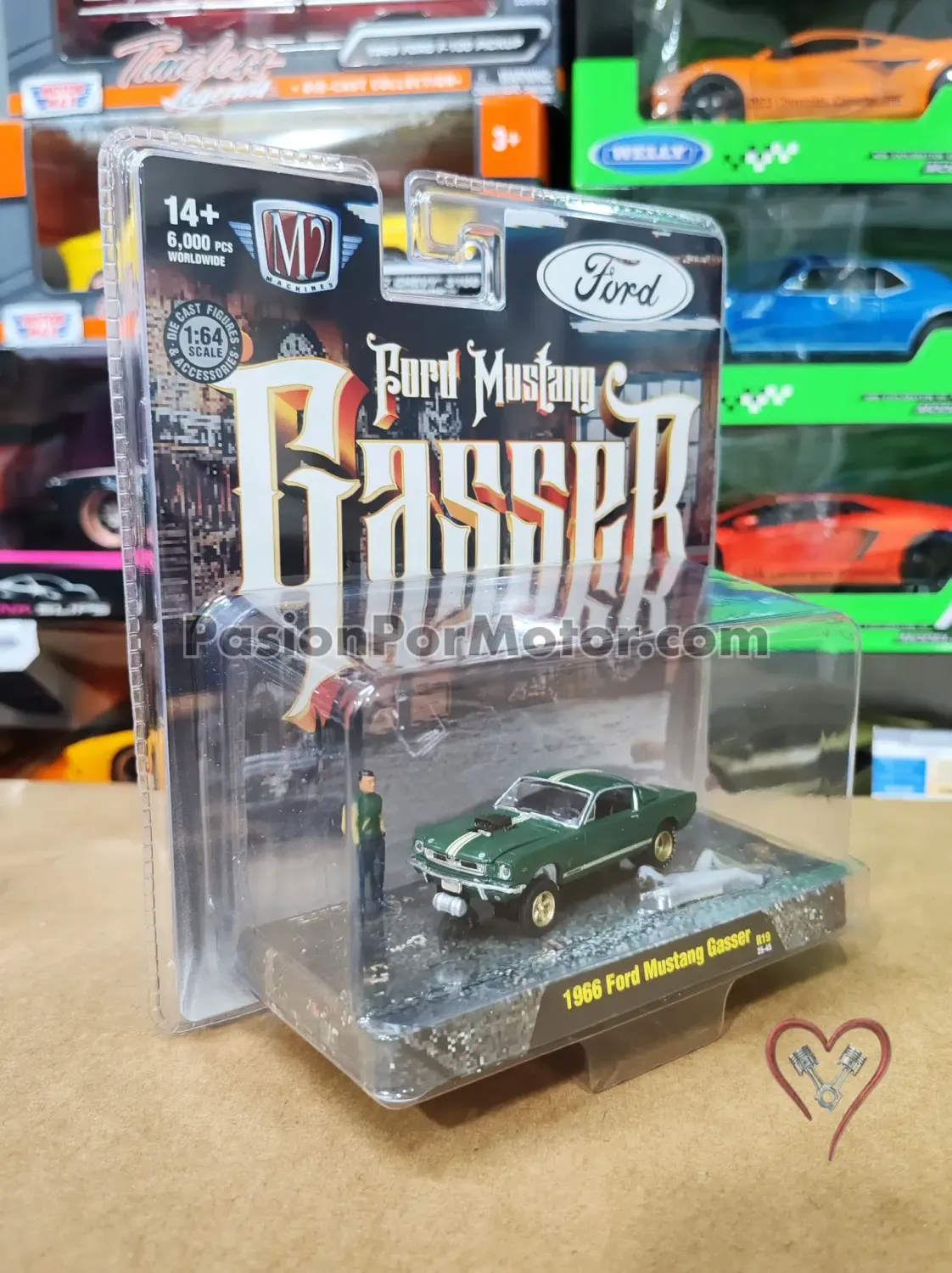 1:64 Ford Mustang Gasser 1966 Verde Con Figuras M2 MACHINES Diorama R19 05260