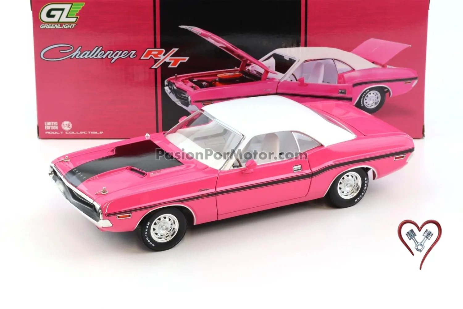 1:18 Dodge Challenger R/T 440 Six Pack 1970 Rosa Con Techo Blanco GREENLIGHT 05381