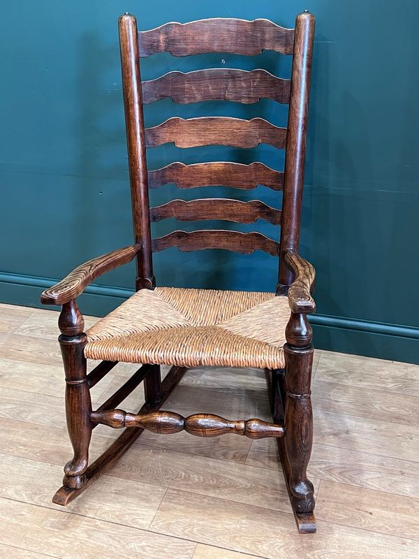 Antique Oak Rocking Chair - Ladderback With Rush Seat