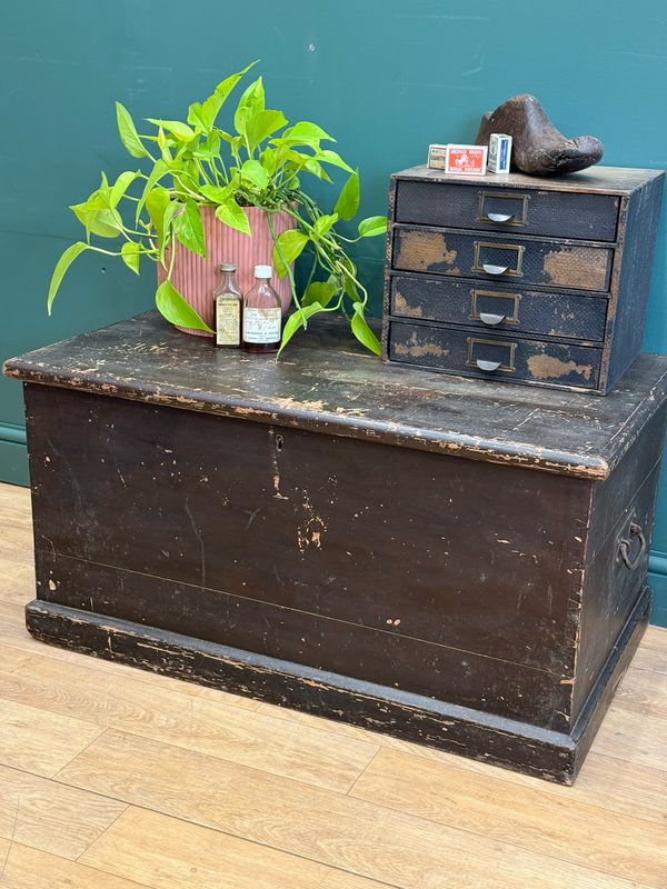 Antique Pine Trunk / Chest With Working Lock &amp; Key