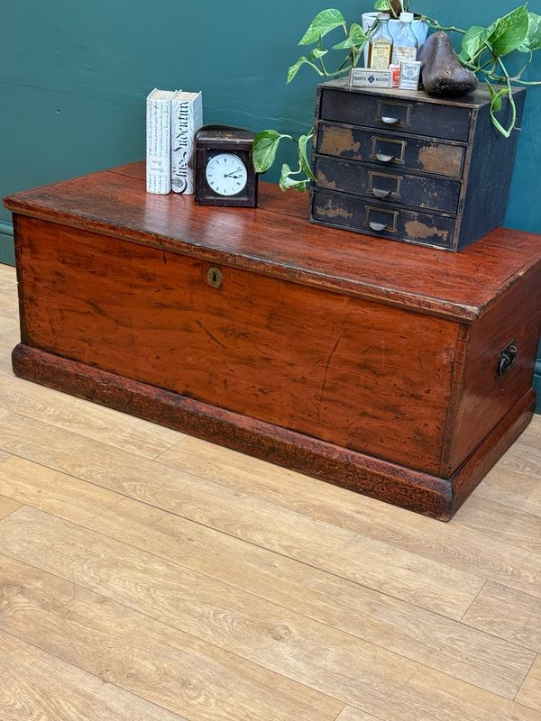 Antique Pine Trunk / Chest With Working Lock &amp; Key