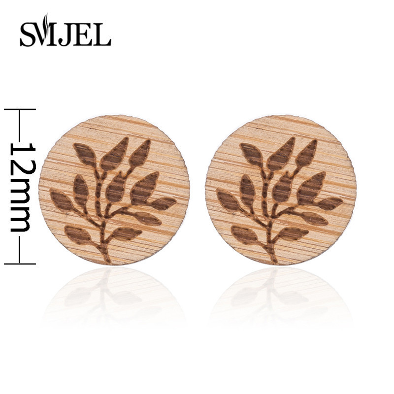 Earrings - Wood Stud Round With Leaf