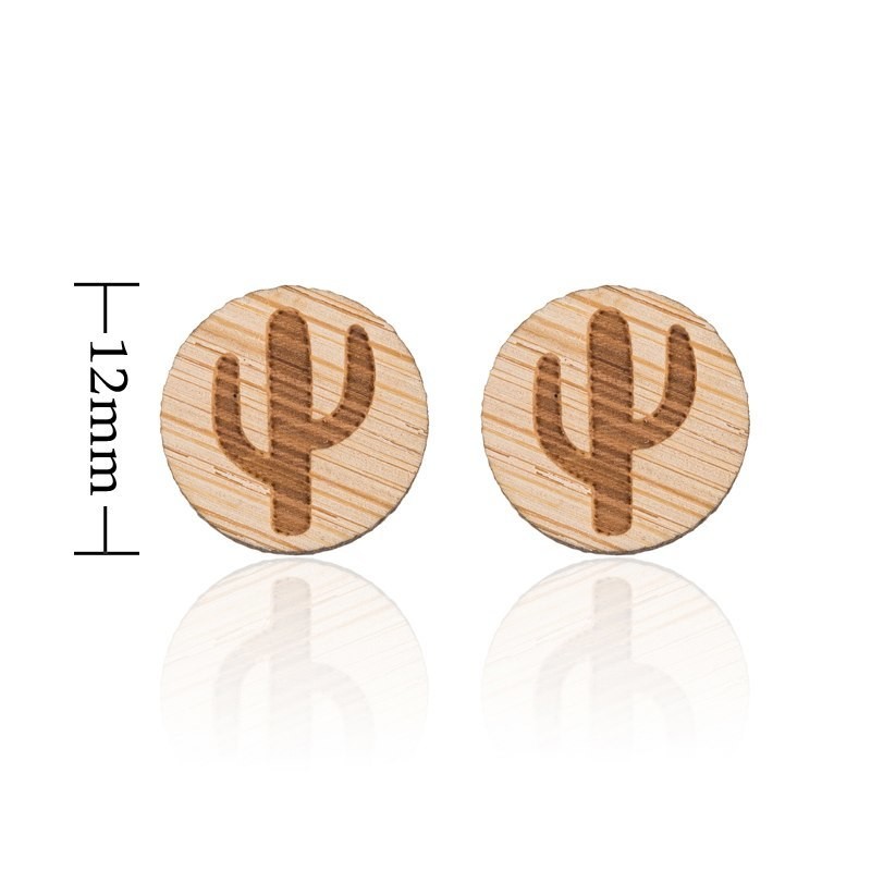 Earrings - Wood Stud Round Cactus