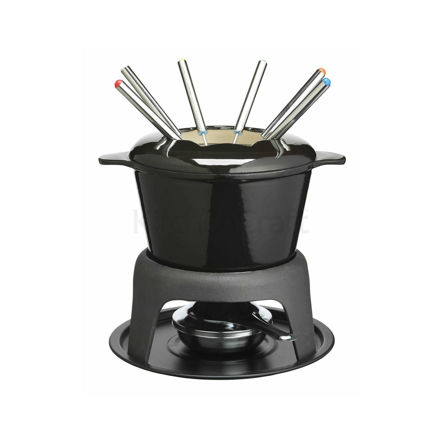 KC ENAMELED FONDUE SET W/6SS FORK BLACK/RED KCCFO