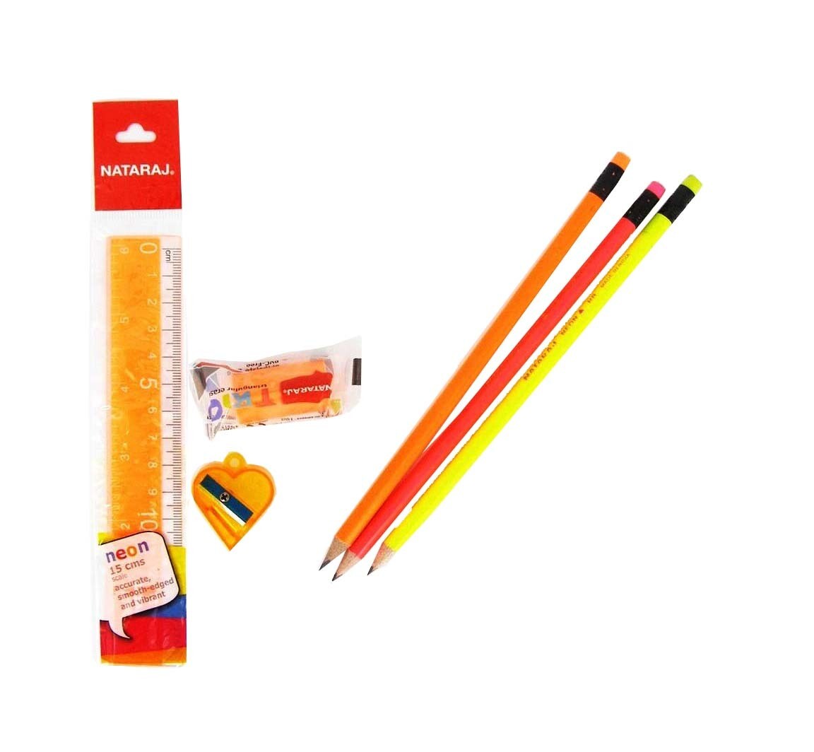 NATARAJ 3PCS NEON TRIANGLE PENCIL W/SHR+ERS+RULER