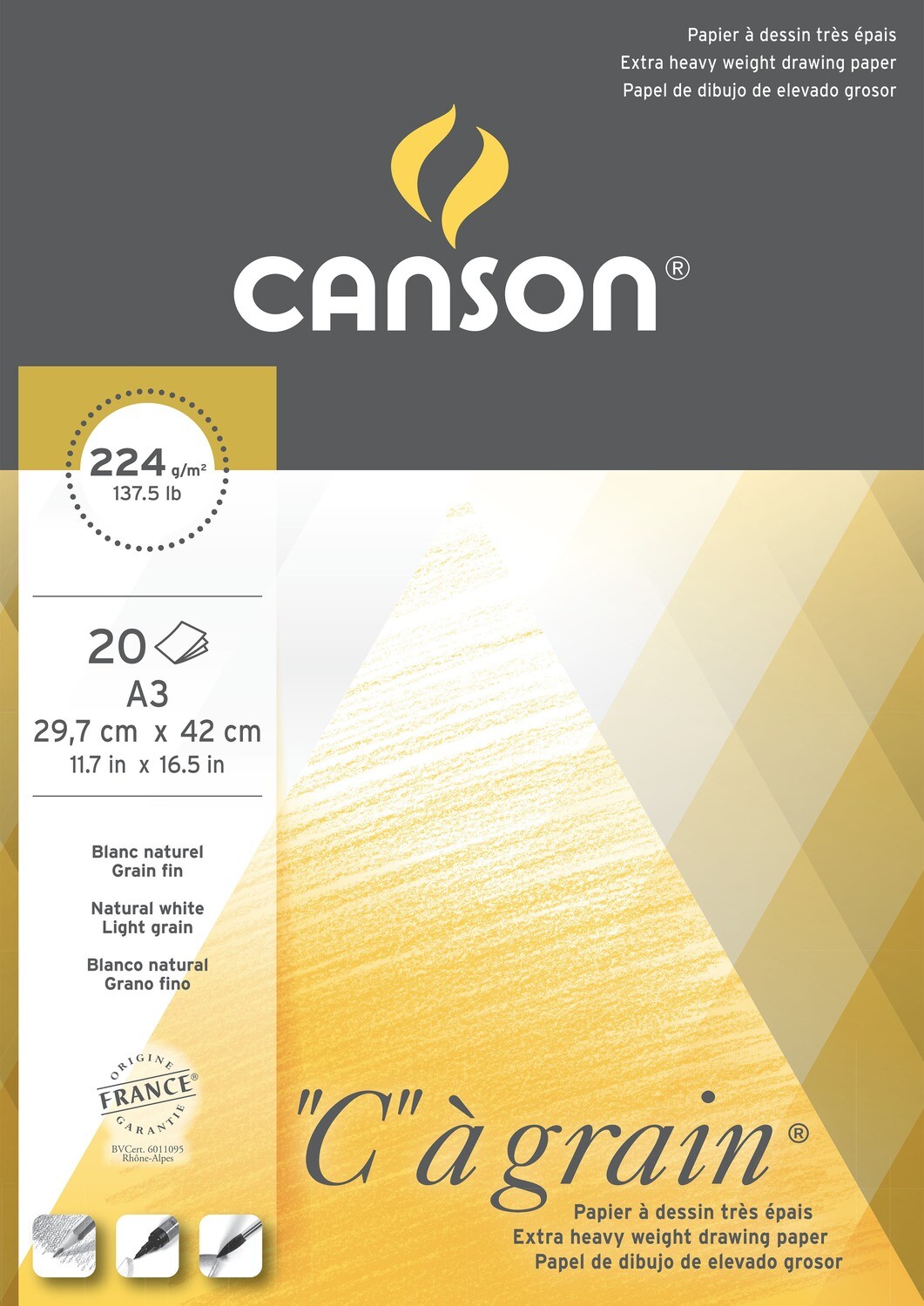 CANSON A3 GRAIN DRAWING PAPER 20SHS 224GRM 0027185