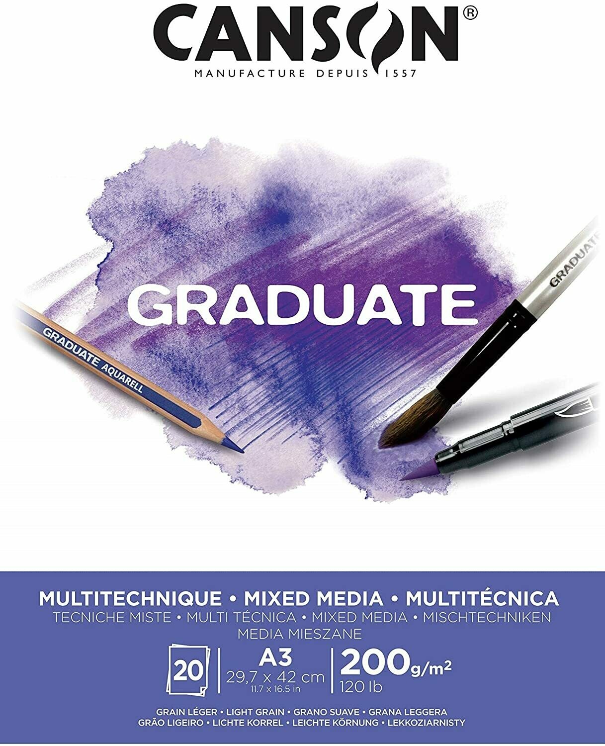 CANSON A3 GRADUATE MIXED MEDIA PAD 20SHS 200GSM