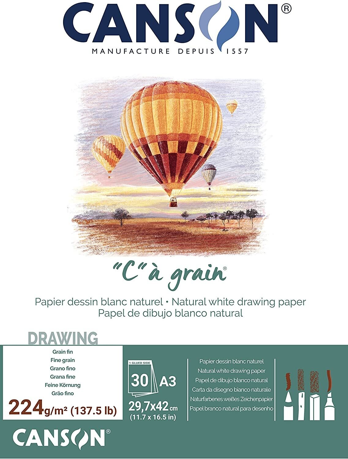 CANSON A3 GRAIN DRAWING PAPER 30SHS 224GSM