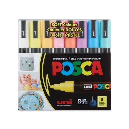 UNIBALL 8 POSCA BULLET SOFT COLOUR MARKERS PC-3M, 0.9M- 1.3MM
