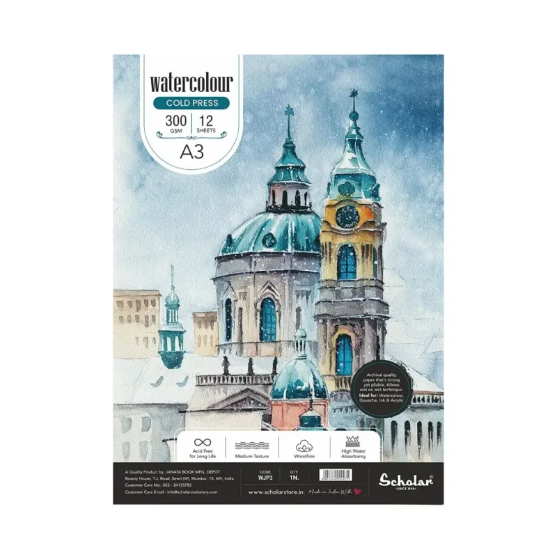 SCHOLAR A3 WATER COLOR PAD 300GSM 12SHS WJP3