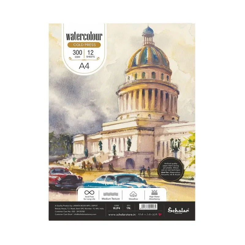 SCHOLAR A4 WATER COLOR CP 300GSM 12SHS WJP4