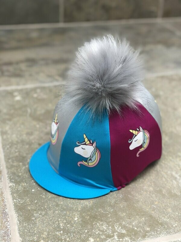 Pompops - Unicorn Range - Turquoise, Sugar Pink and Silver Lycra hat silk With Royal Blue Pompom
