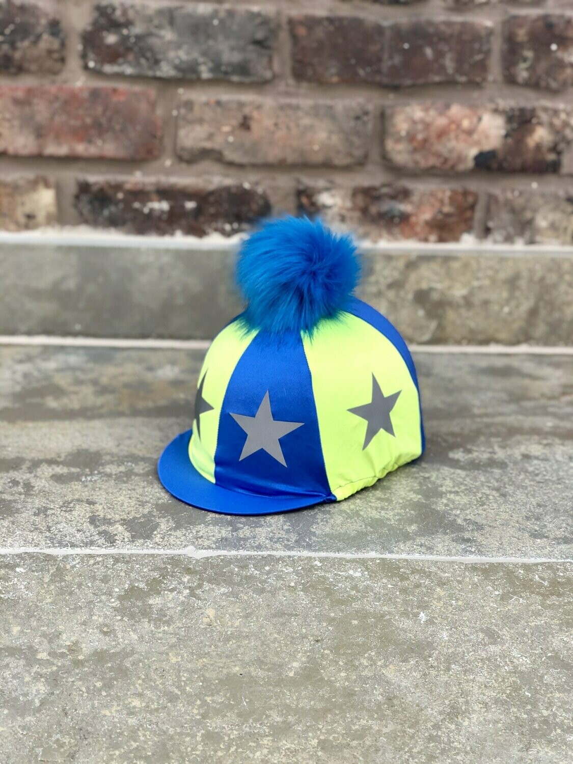 Pompops Fluorescent Blue and Yellow Hat Silk With Blue Pompom