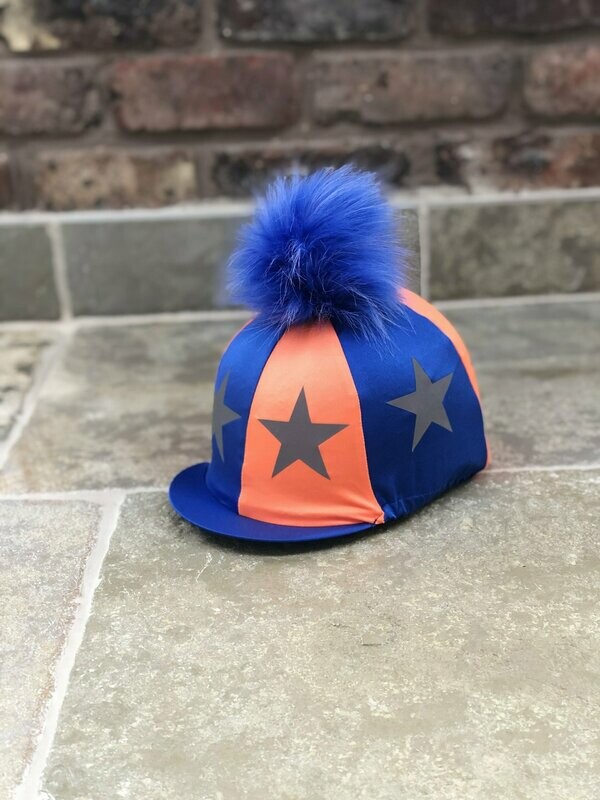 Pompops Fluorescent Orange and Blue Hat Silk With Blue Pompom