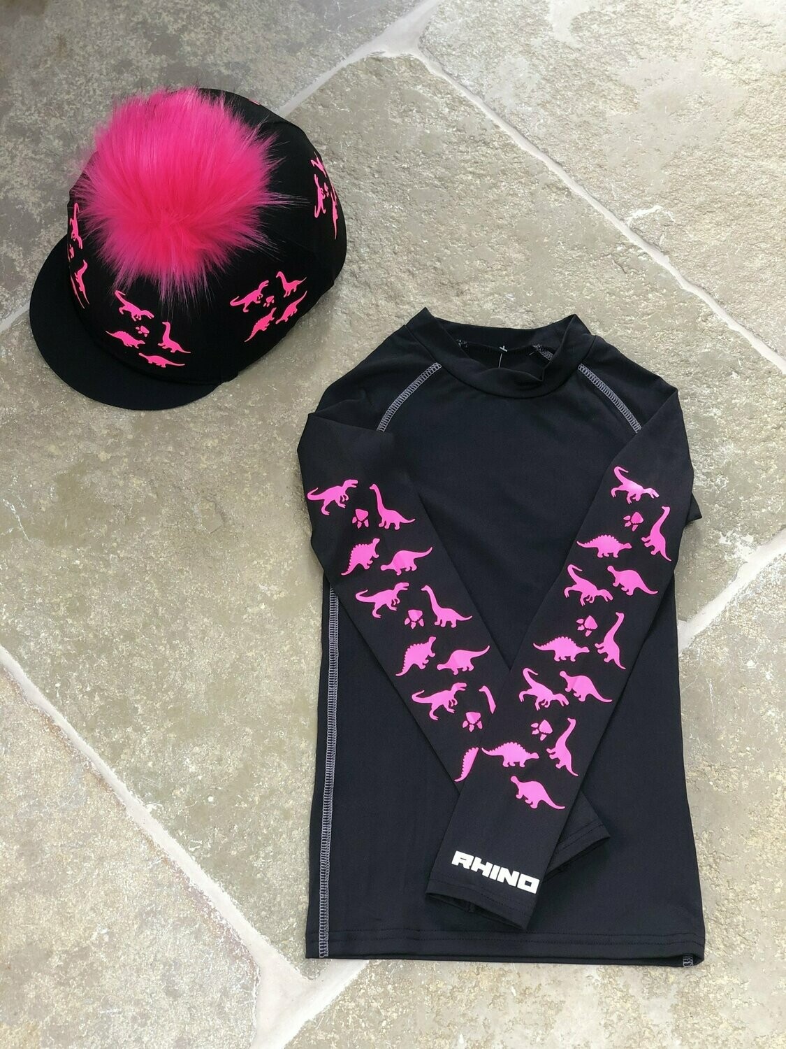 Pompops Children's Set Black with Pink Dinosaur Base Layer & Matching Hat Silk