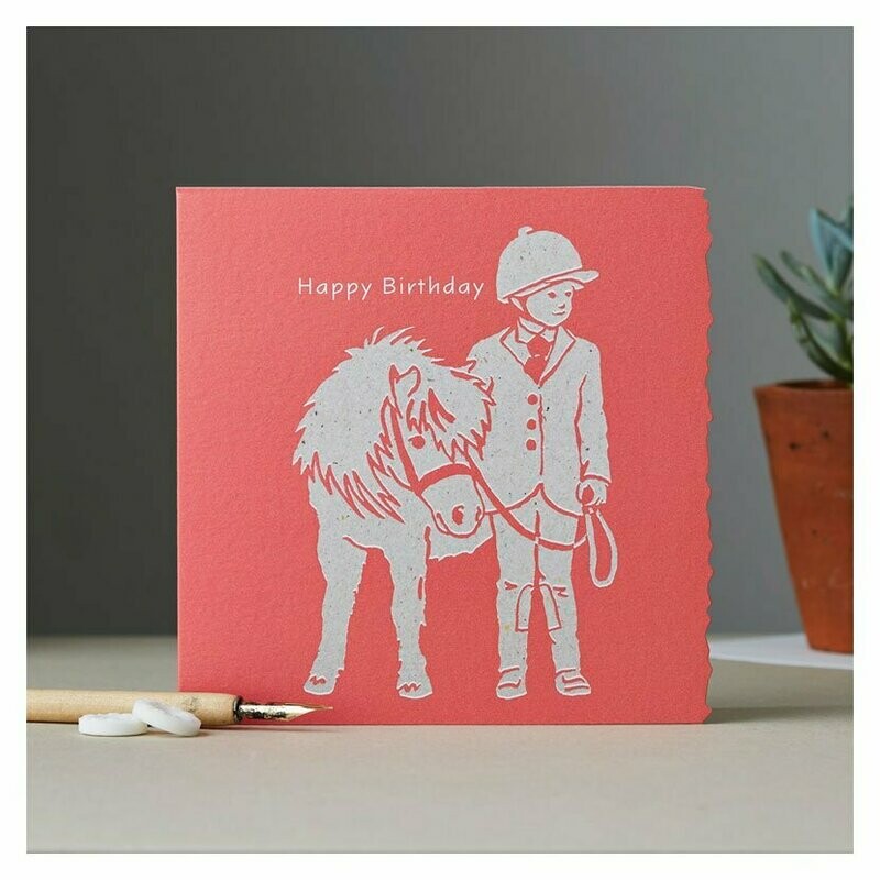 Deckled Edge Colour Block Pony Card - Happy Birthday Coral Background