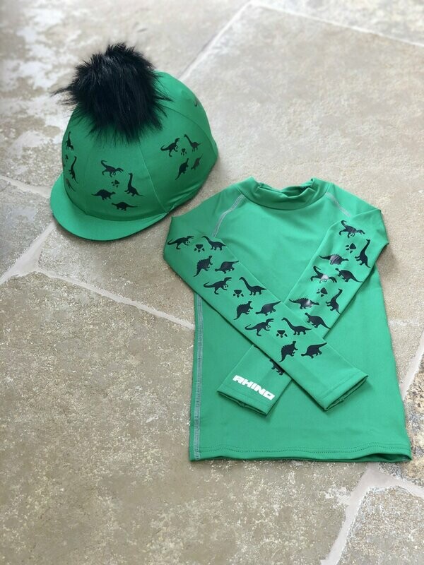 Pompops Children's Set Bottle Green with Black Dinosaur Base Layer & Matching Hat Silk