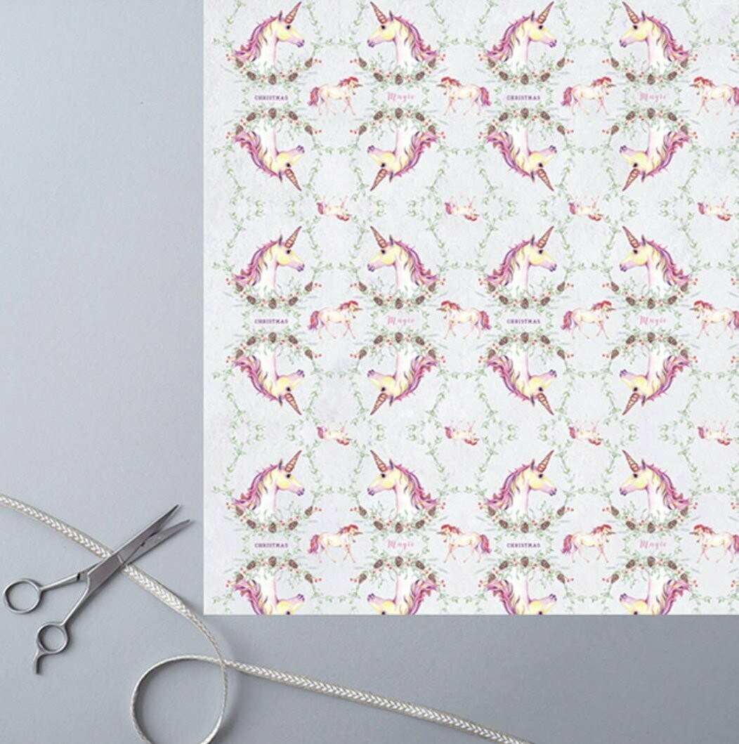 Deckled Edge Gift Wrap - Christmas Unicorns