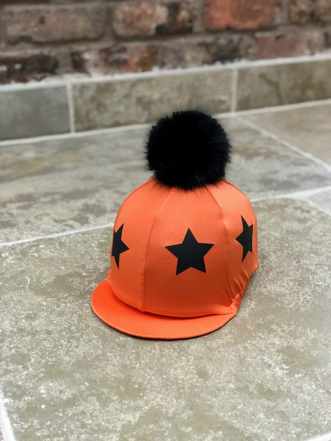 Orange With Black Stars Hat Silk With Faux Fur Pompom Orange With Black Stars Hat Silk With Faux Fur Pompom