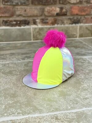 Fluorescent Yellow, Hot Pink and Metallic Hat Silk with Faux Fur Pompom