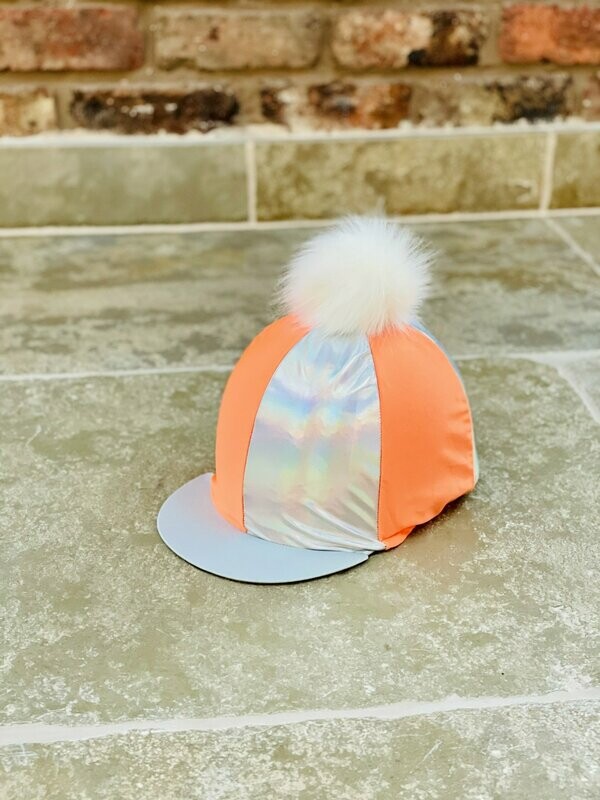 Fluorescent Orange and Silver Metallic Hat Silk and faux fur pompom