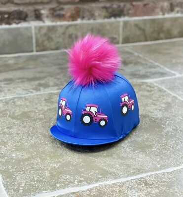 Pompops Royal Blue with Pink Tractor Hat Silk with Optional Pompom Colour