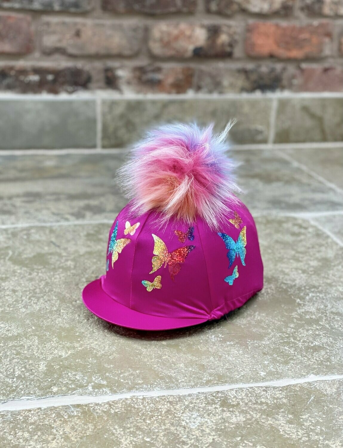 Pompops Pink with Butterfly Rainbow Starburst Hat Silk (Assorted Pompom Colours)