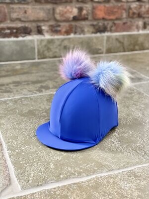 Riding Hat Silk skull cap cover ROYAL BLUE Extra Large Faux Fur Pompom ROYAL 