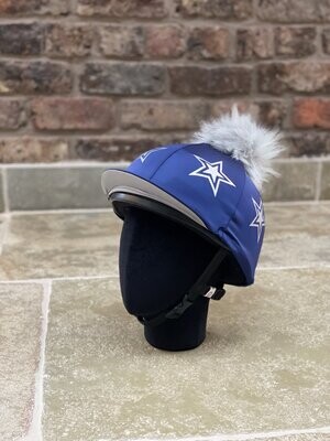 Pompops Navy Hat Silk with Silver Stars and Silver underpeak and Faux fur pompom