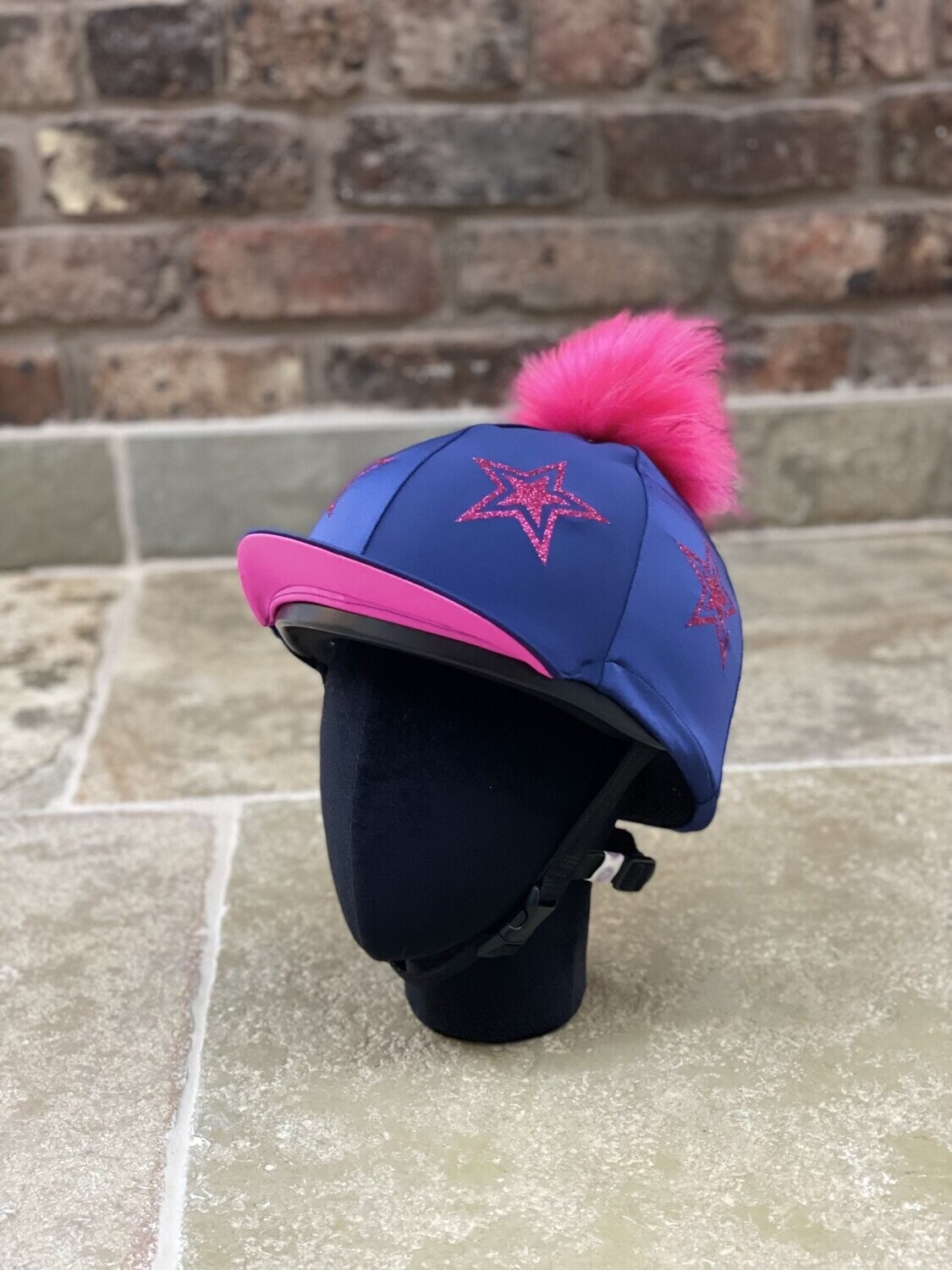 Pompops Navy Hat Silk with Hot Pink Stars and Pink underpeak and Faux fur pompom