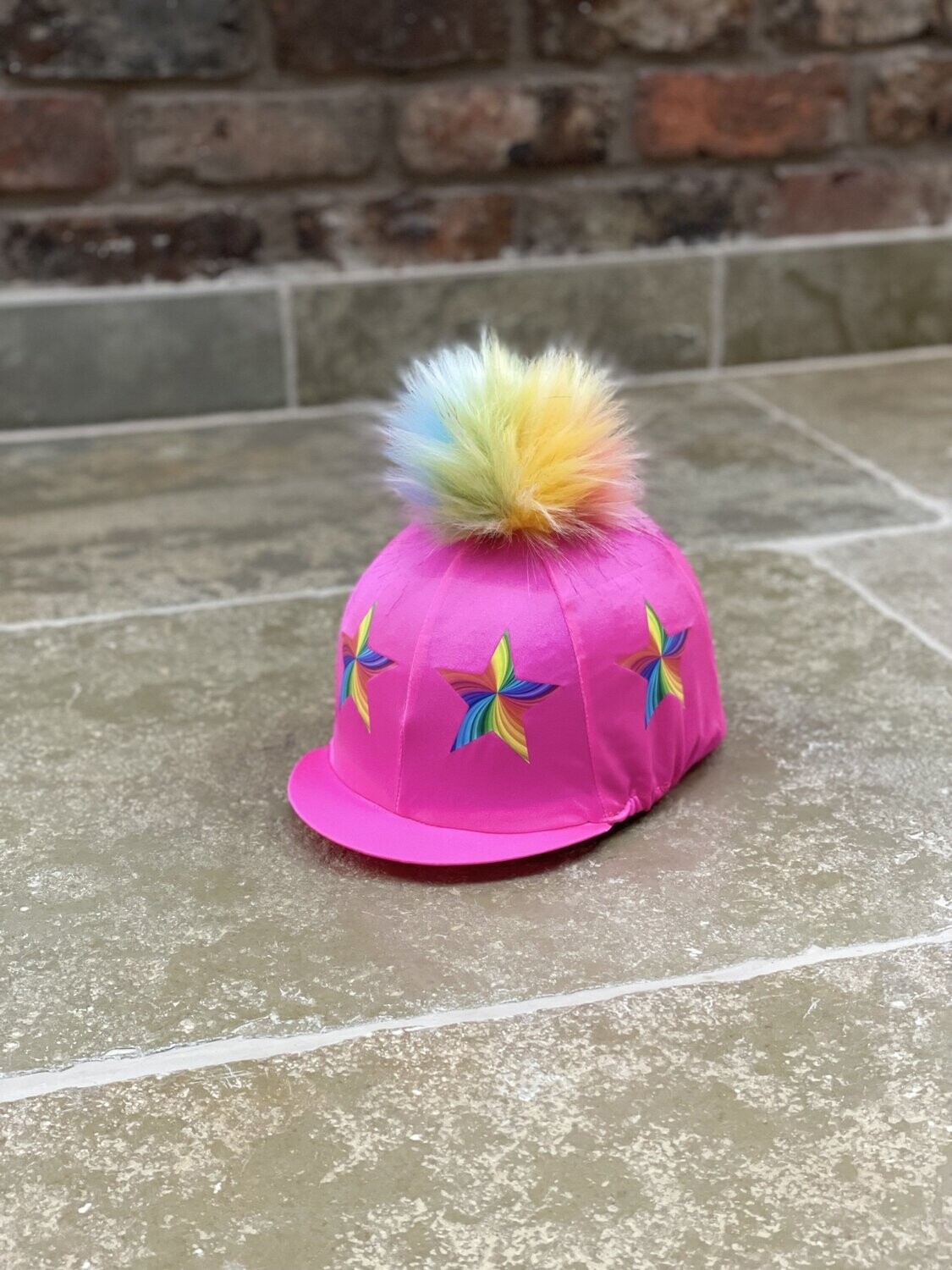 Pompops Pink Hat Silk with Rainbow Stars and Faux Fur Pompom