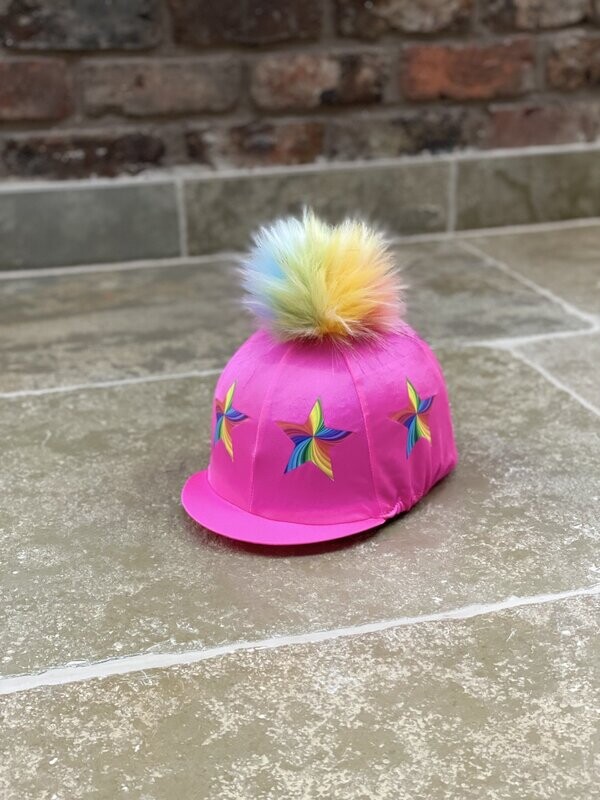 Pompops Pink Hat Silk with Rainbow Stars and Faux Fur Pompom