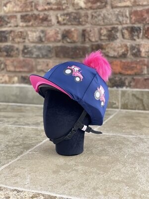 Pompops Navy Hat Silk with Pink Underpeak, Pink Tractor and Faux Fur Pompom